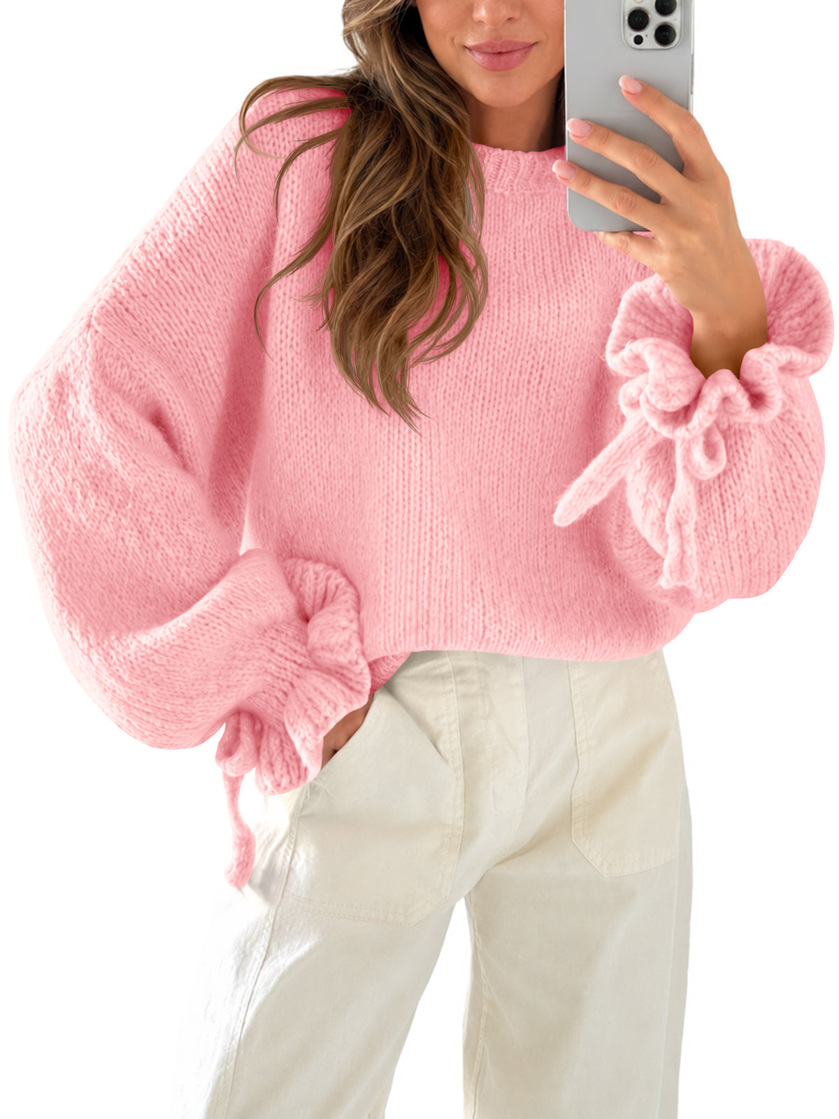 usvara Women Ruffle Long Sleeve Knit Sweater