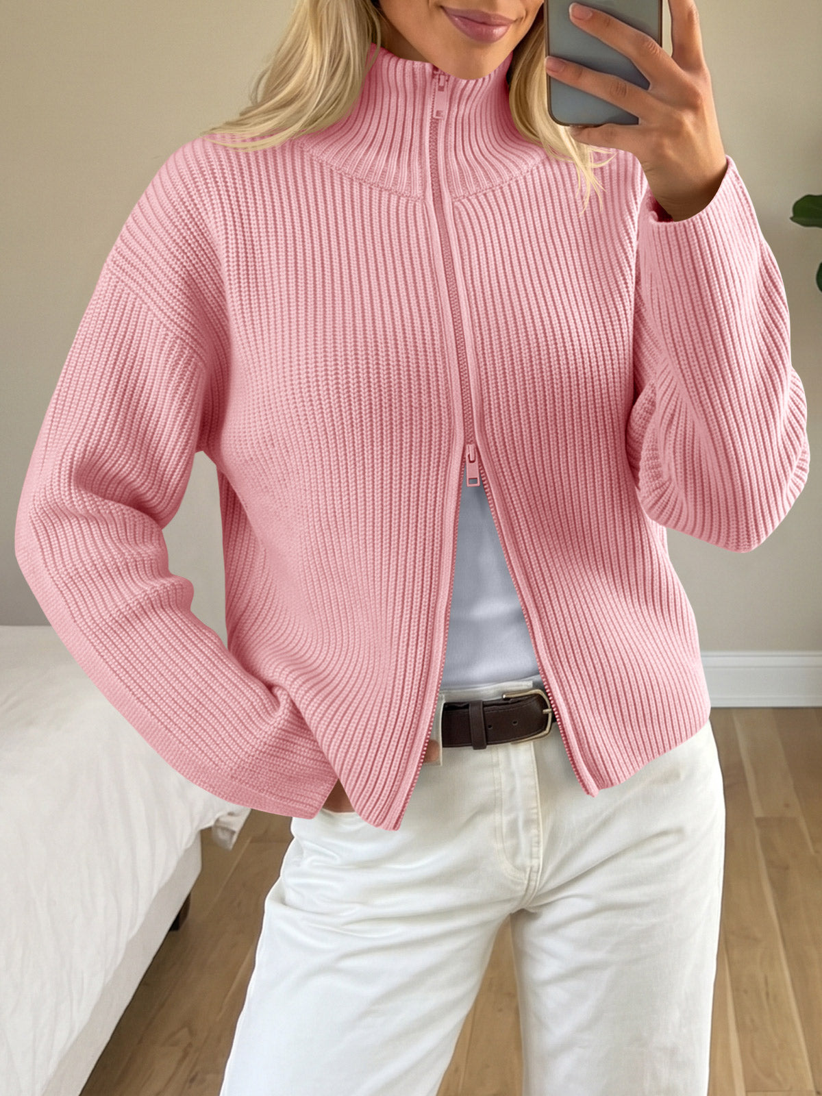 usvara Women Zip Up Chunky Knit Sweater