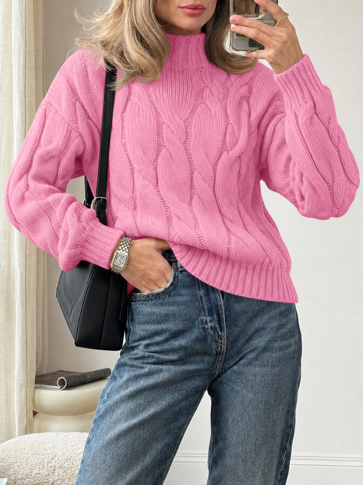 usvara Womens Mock Neck Cable Knit Sweater