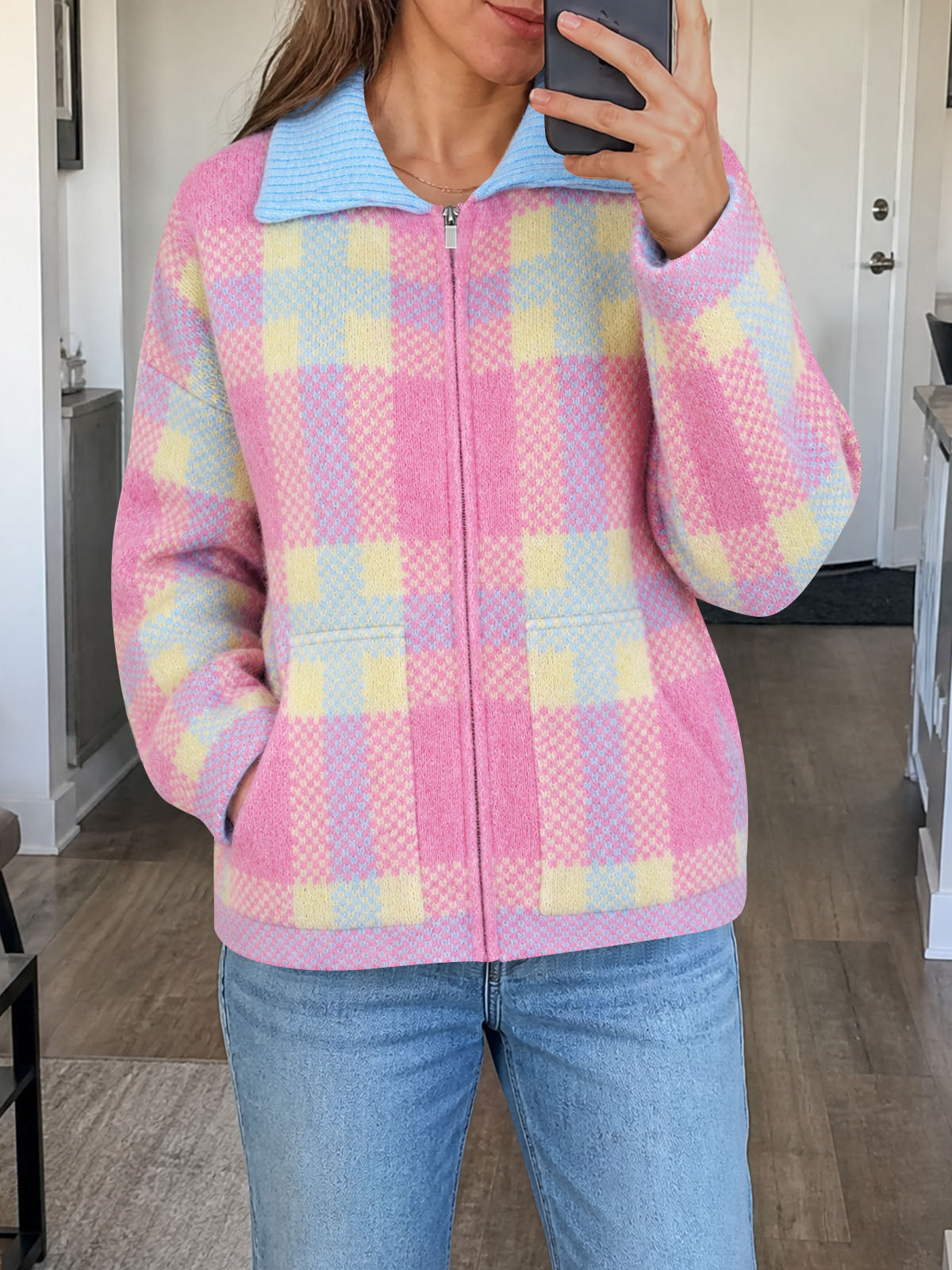 usvara Womens Plaid Color Block Zip Cardigan