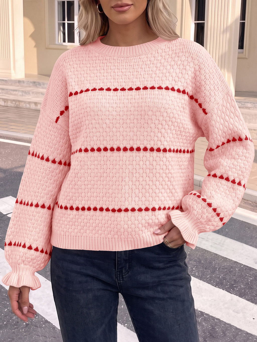 usvara Womens Heart Striped Ruffle Sweaters