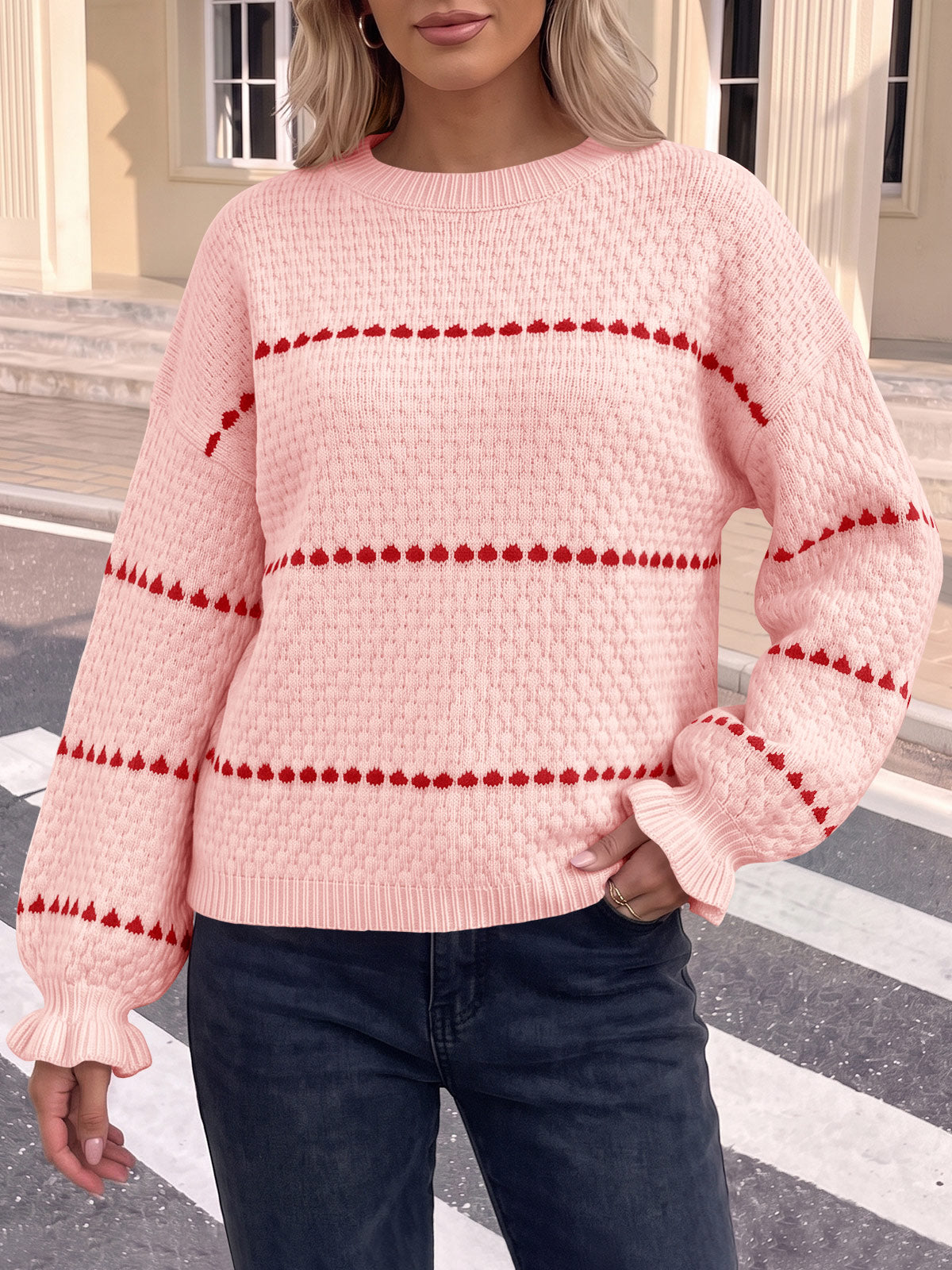 usvara Womens Heart Striped Ruffle Sweaters