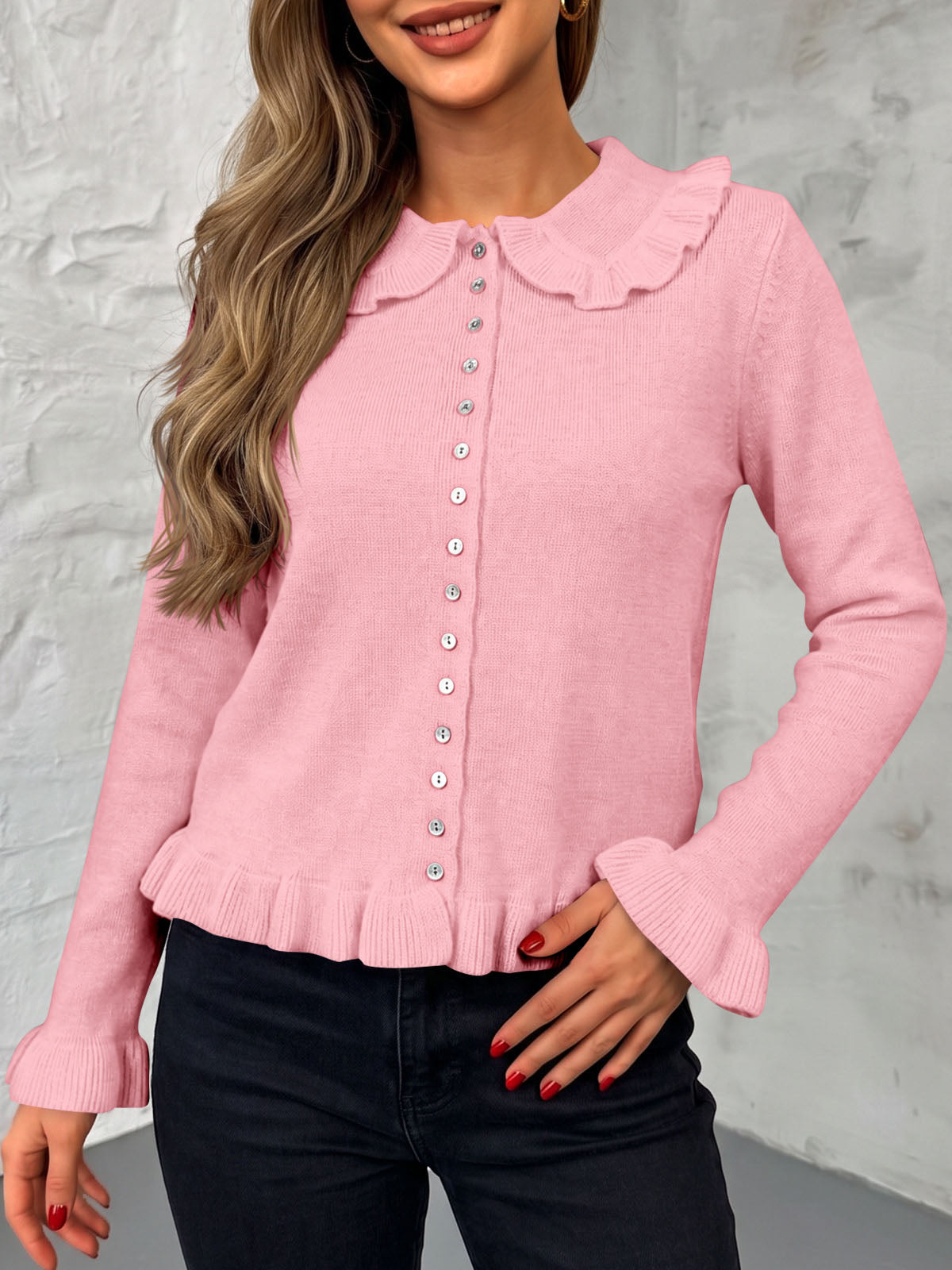 usvara Womens Ruffle Button Down Cardigan