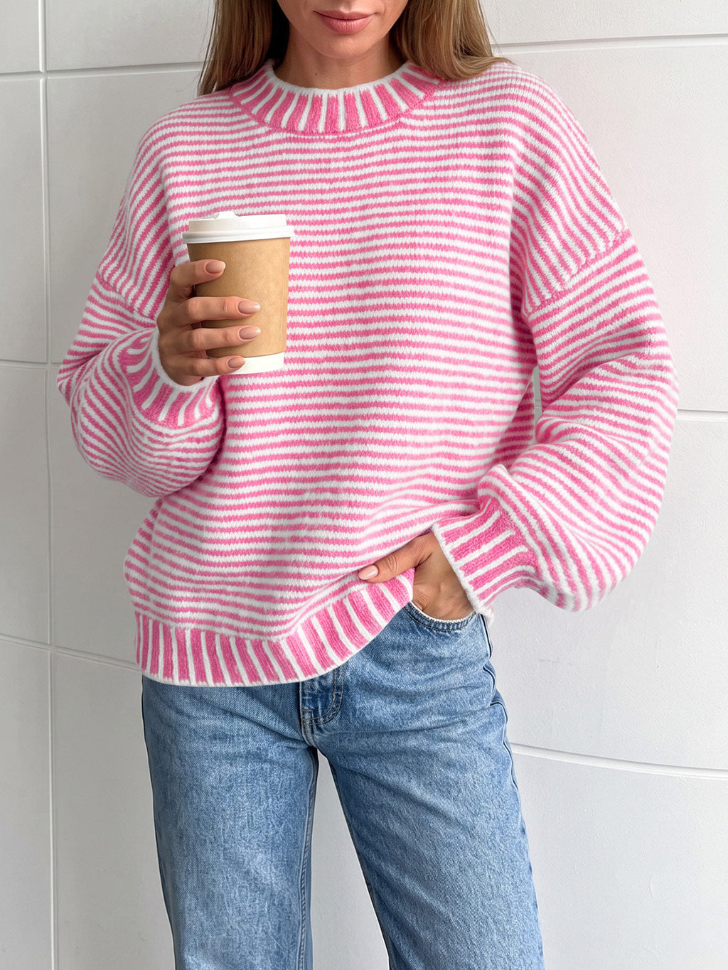 usvara Womens Striped Crew Neck Knit Sweater