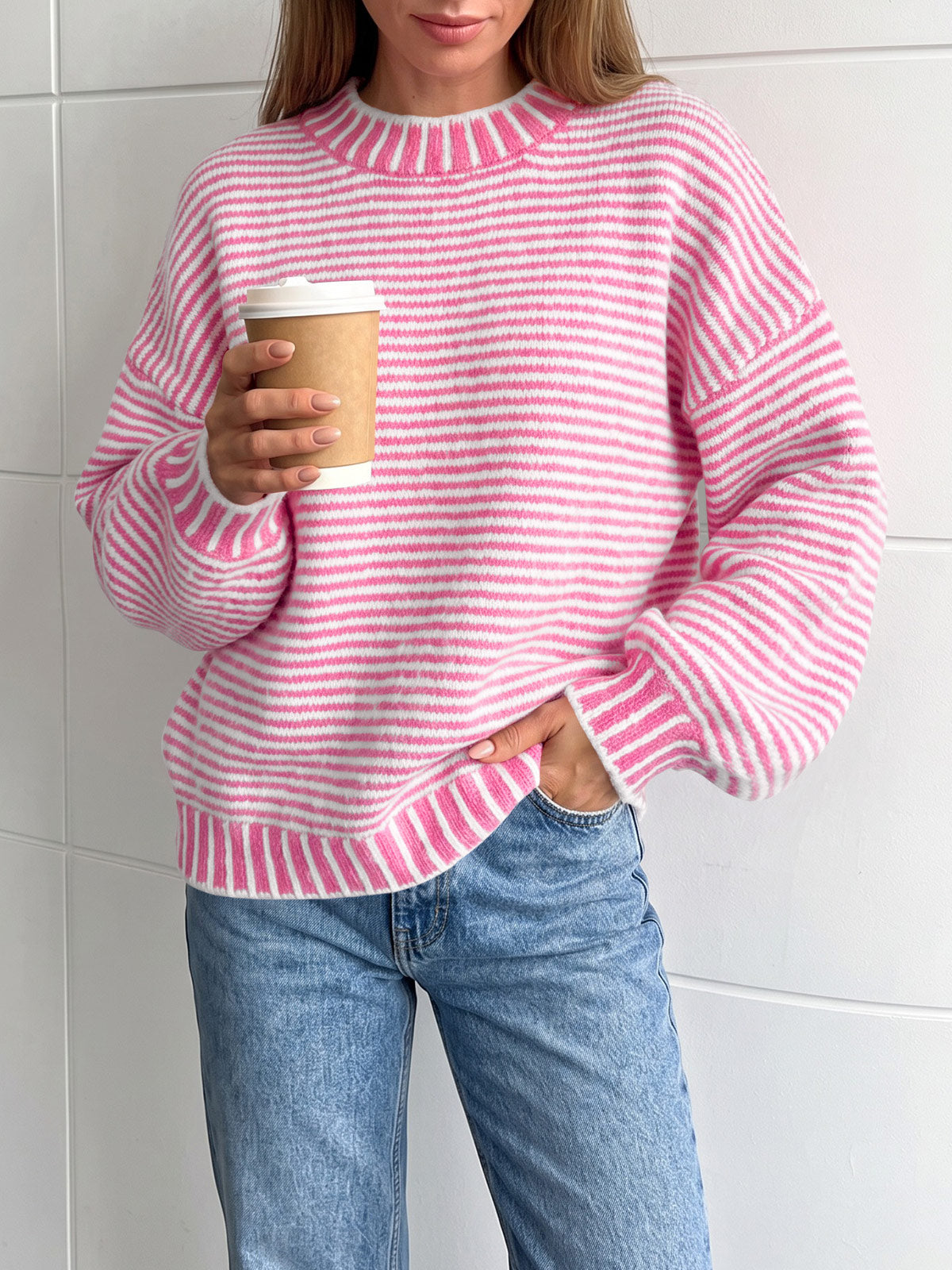 usvara Womens Striped Crew Neck Knit Sweater