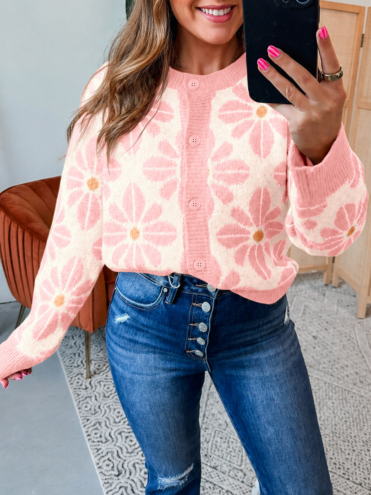 usvara Womens Floral Button Up Vintage Sweater