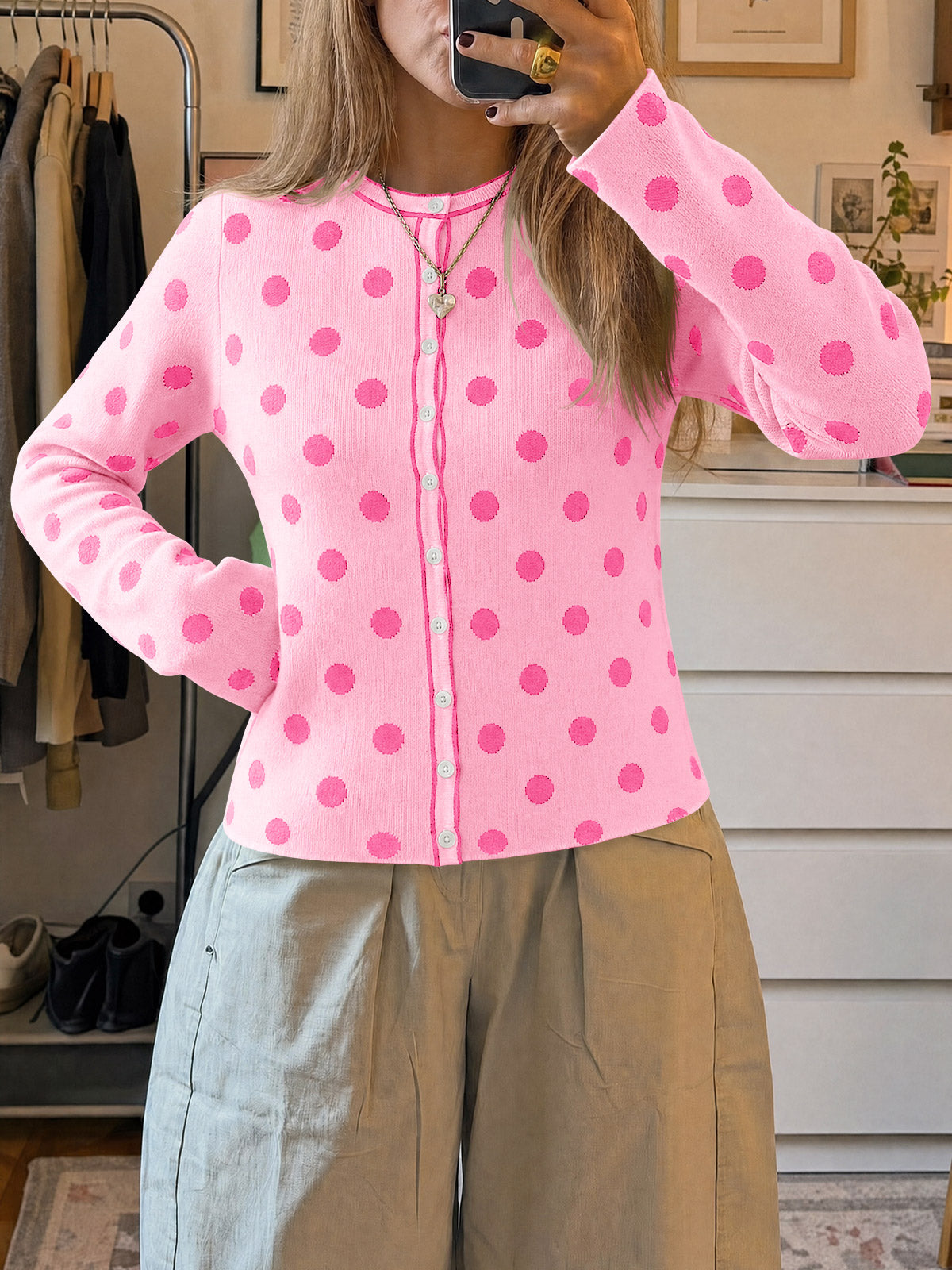 usvara Womens Polka Dot Button Up Cardigan