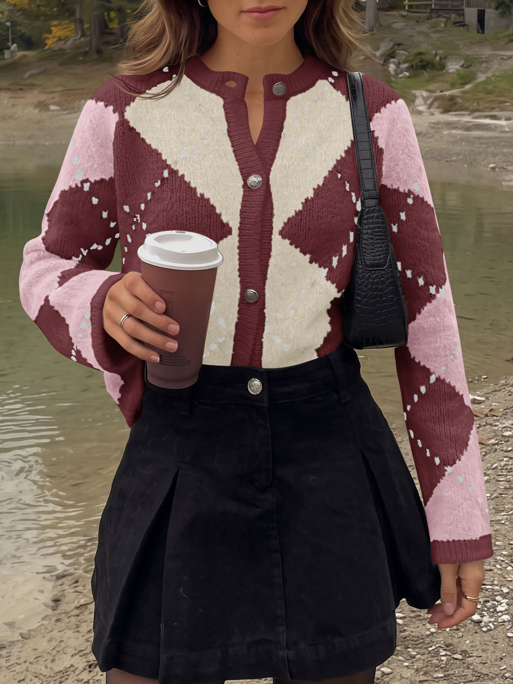 usvara Womens Argyle Crew Neck Knit Cardigan