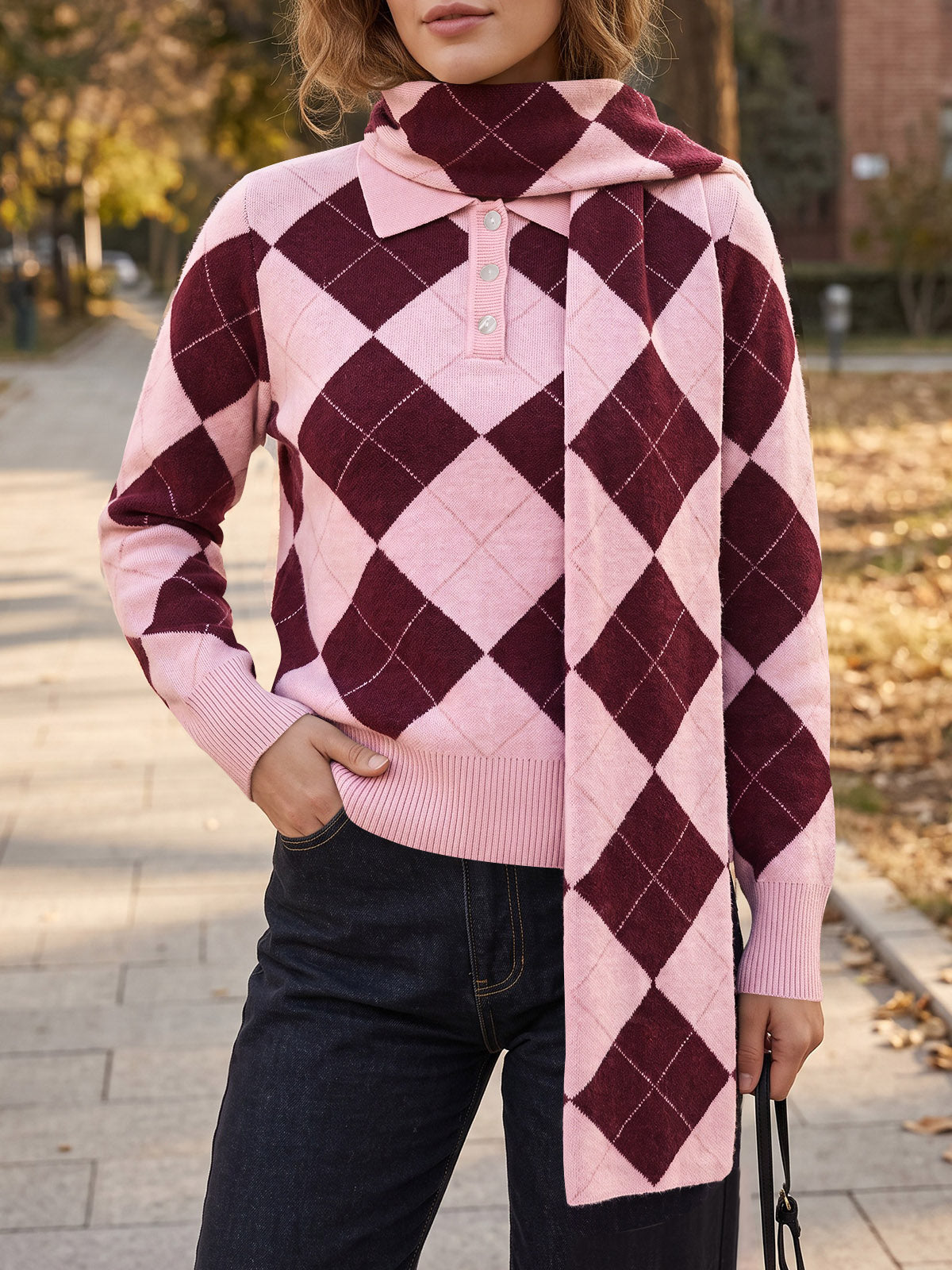 usvara Womens Argyle Color Block Polo Sweater