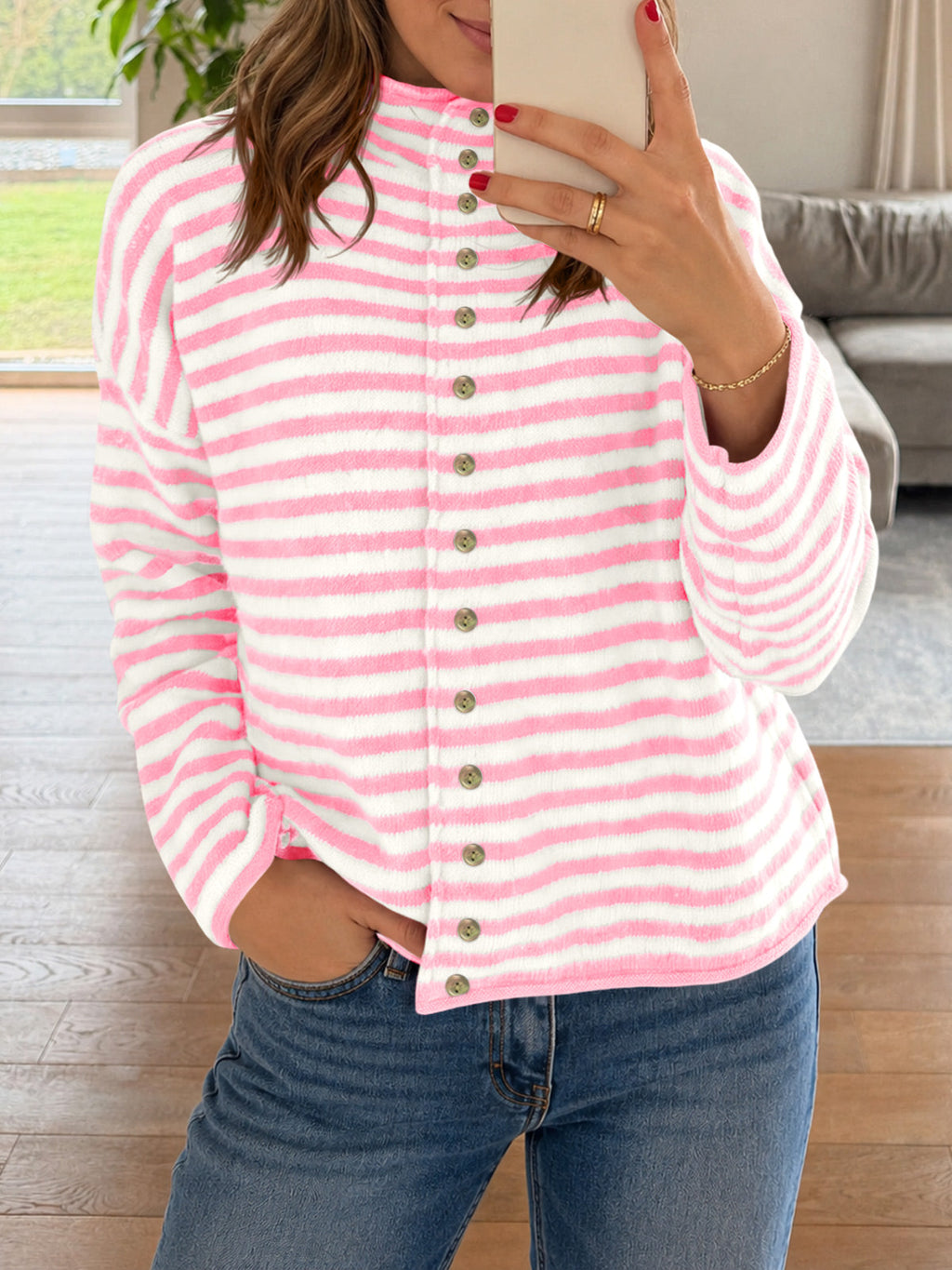 usvara Womens Striped Mock Neck Cardigan