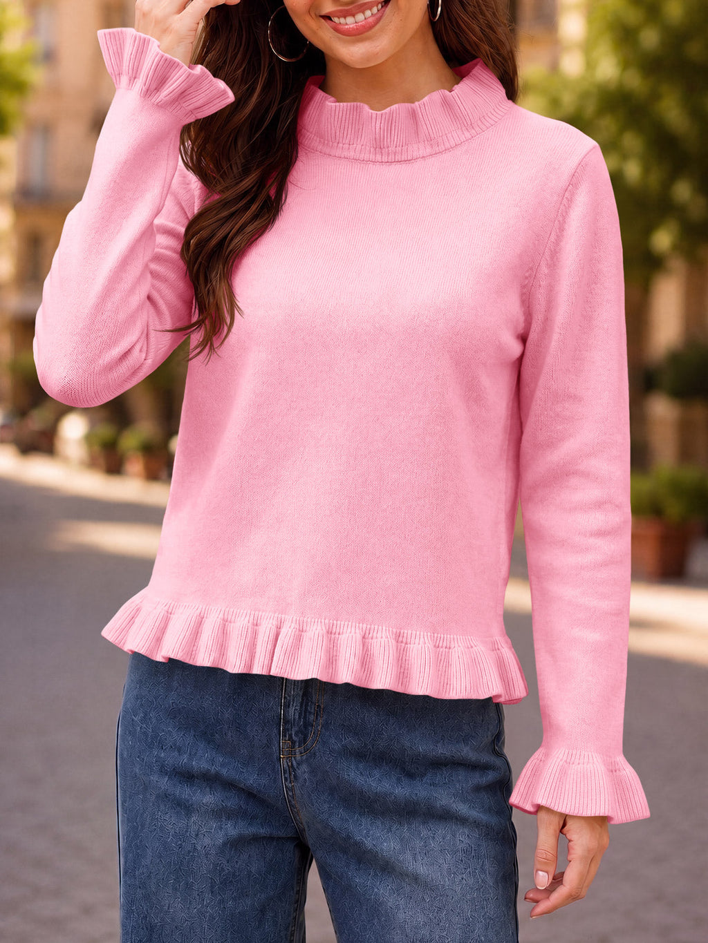 usvara Women Ruffle Mock Neck Knit Sweater