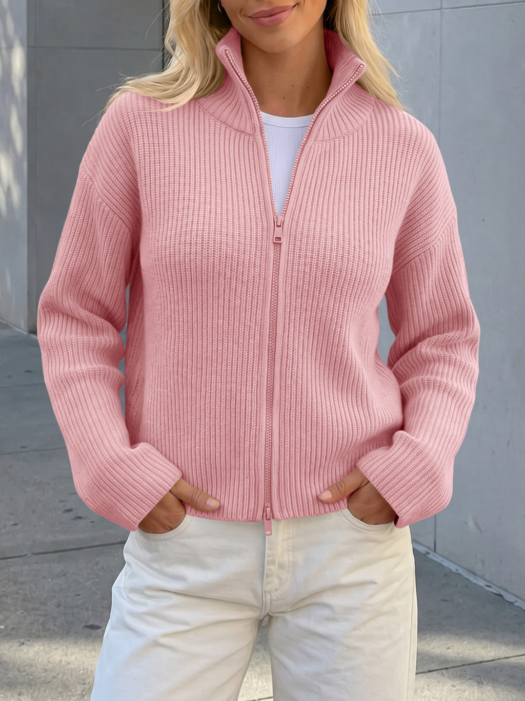 usvara Women Zip Up Chunky Knit Sweater