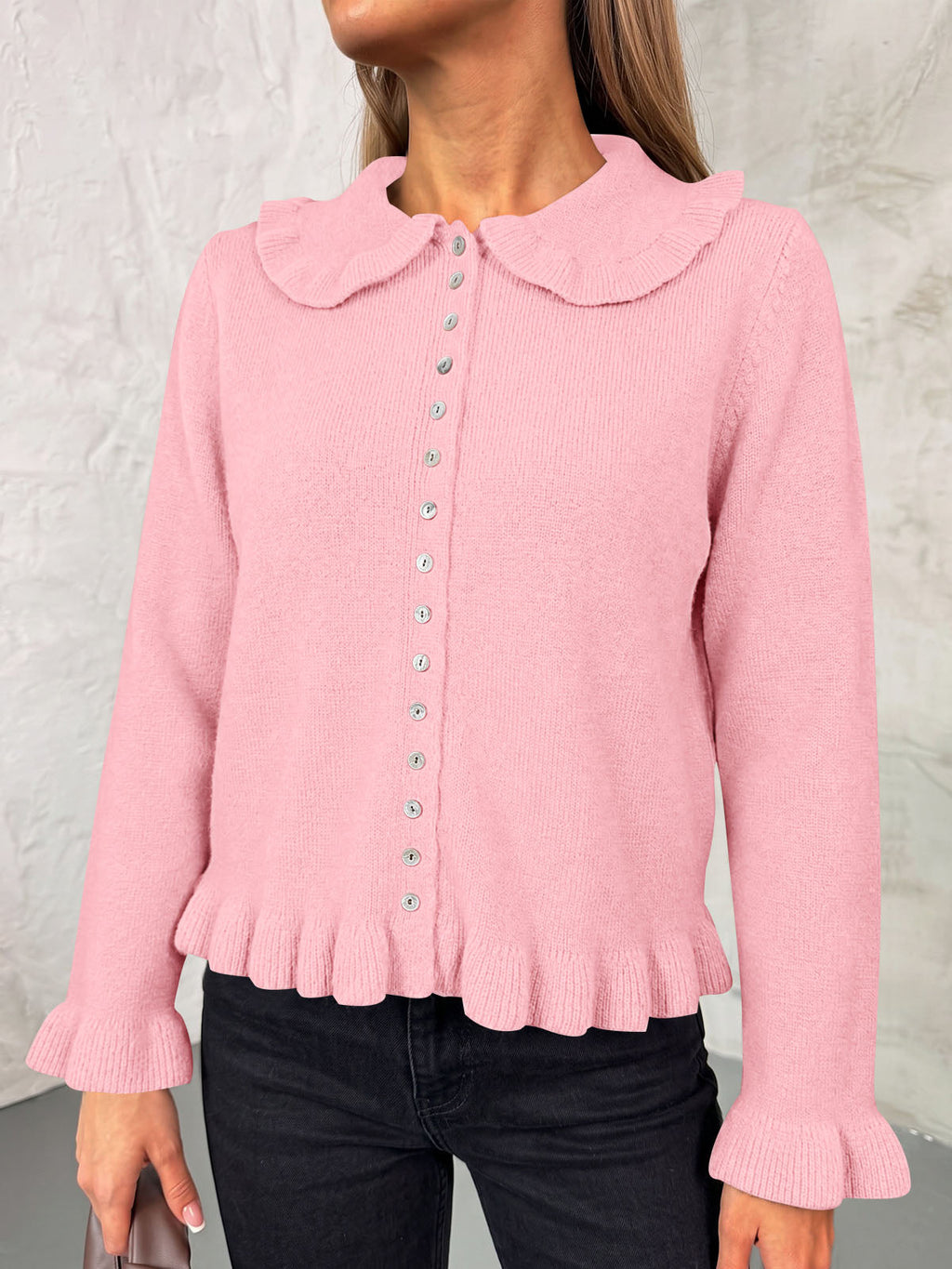 usvara Womens Ruffle Button Down Cardigan