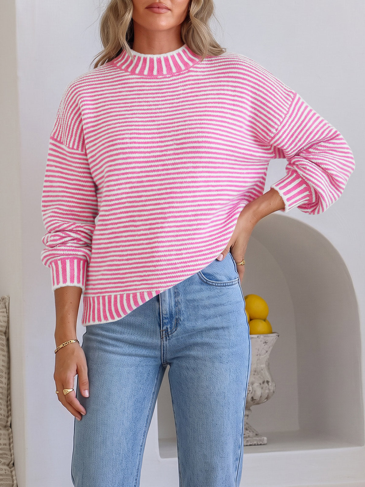 usvara Womens Striped Crew Neck Knit Sweater