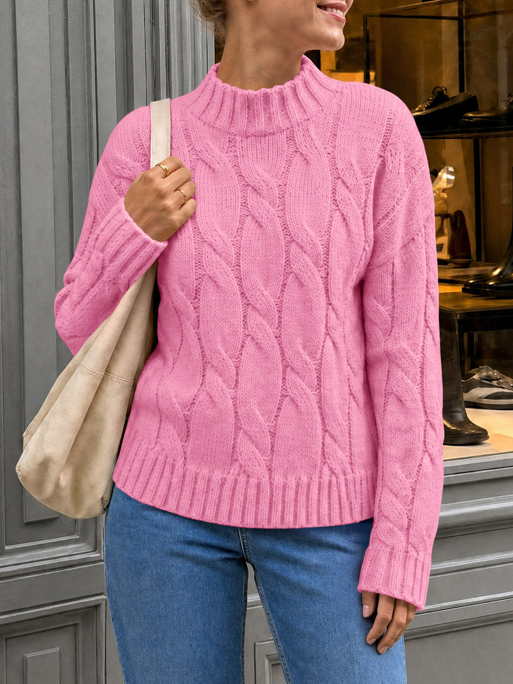 usvara Womens Mock Neck Cable Knit Sweater