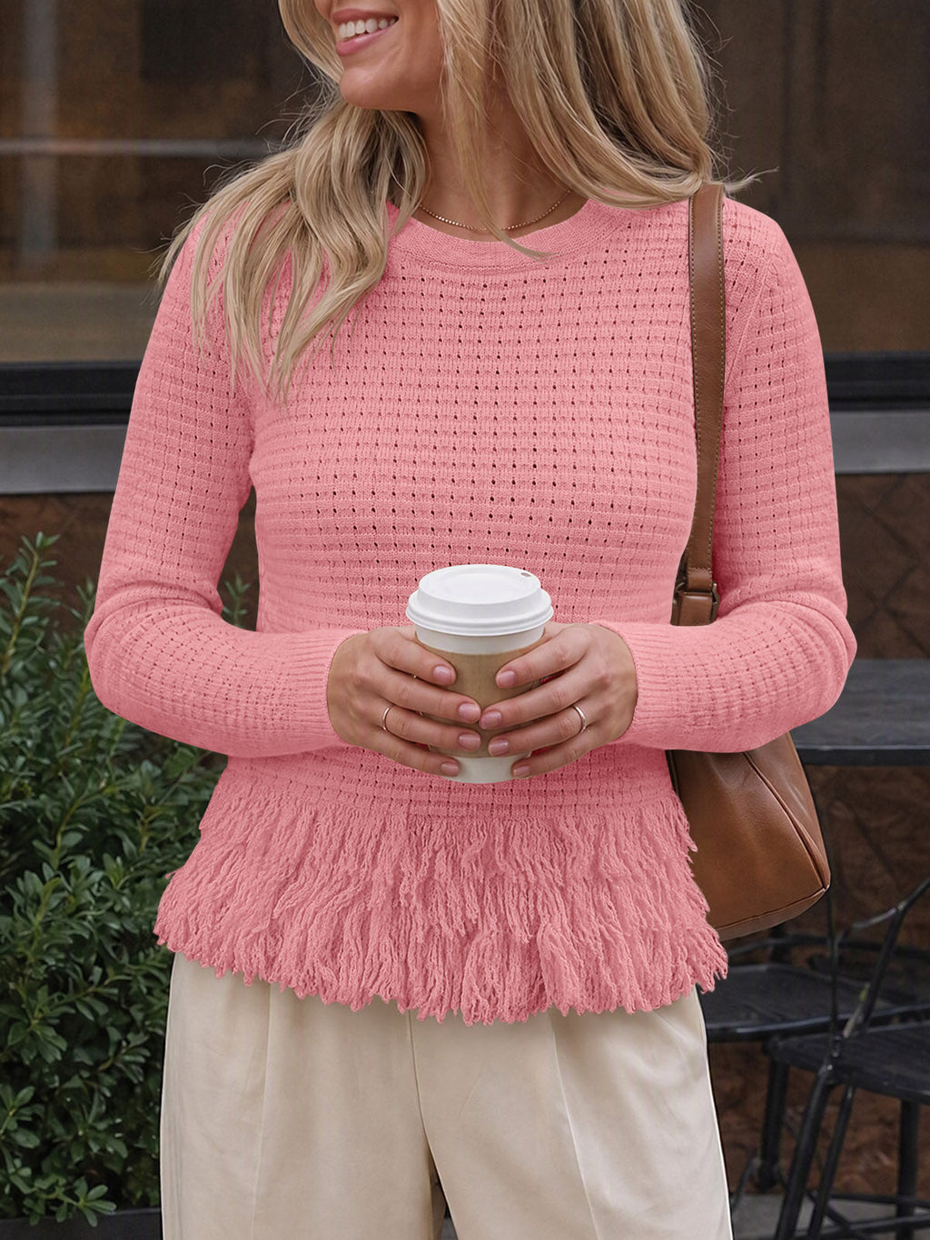 usvara Womens Crochet Fringe Crew Neck Sweater
