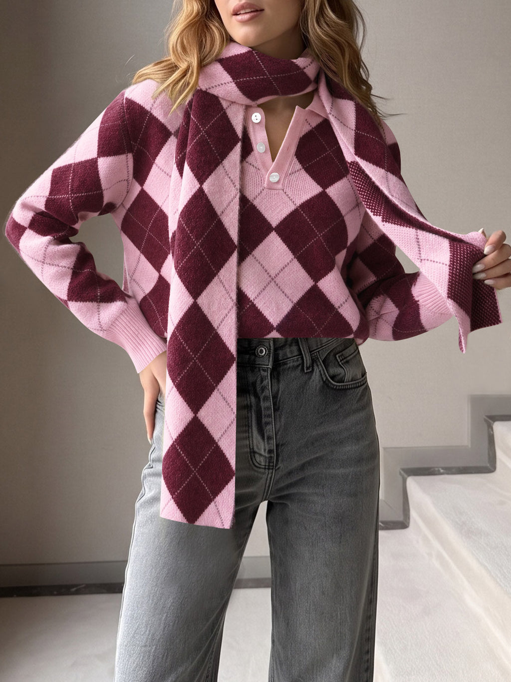 usvara Womens Argyle Color Block Polo Sweater