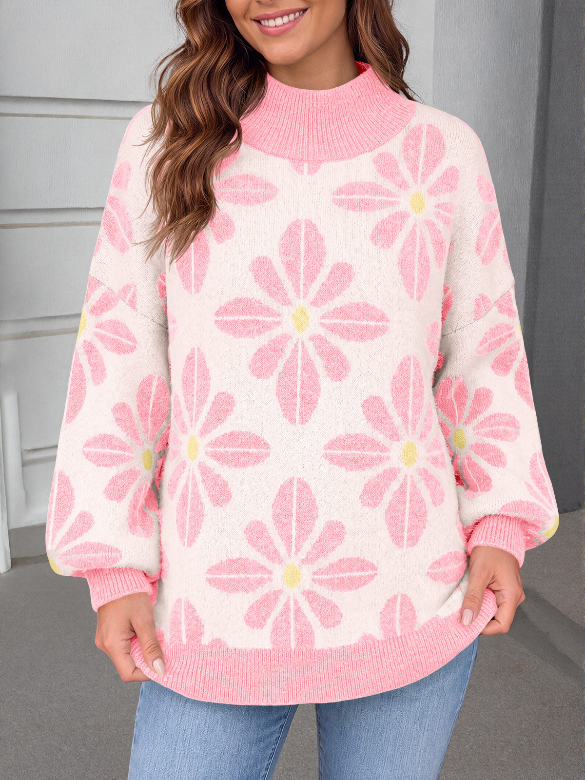 usvara Womens Floral Mock Neck Chunky Sweater