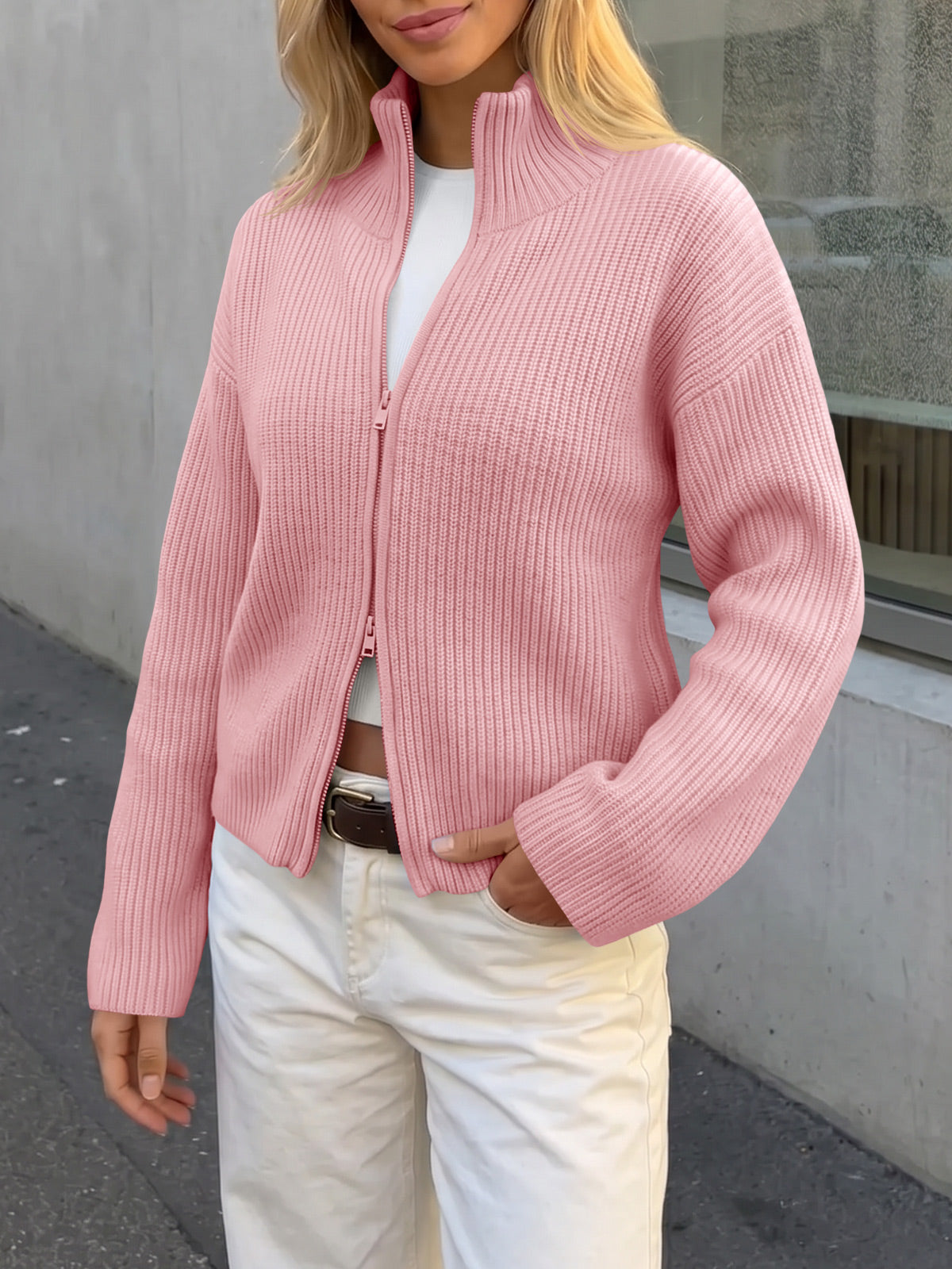 usvara Women Zip Up Chunky Knit Sweater