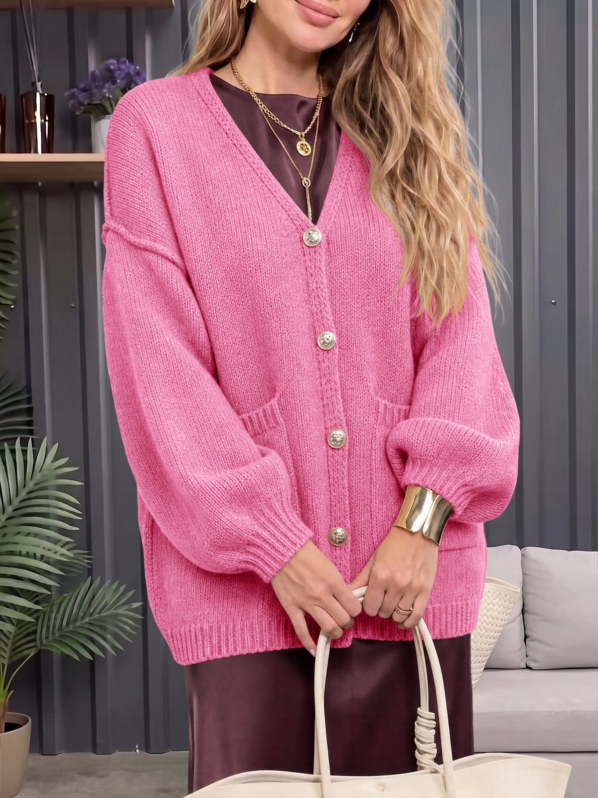 usvara Womens V Neck Loose Button Cardigan