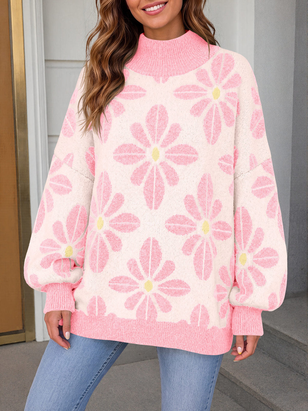 usvara Womens Floral Mock Neck Chunky Sweater