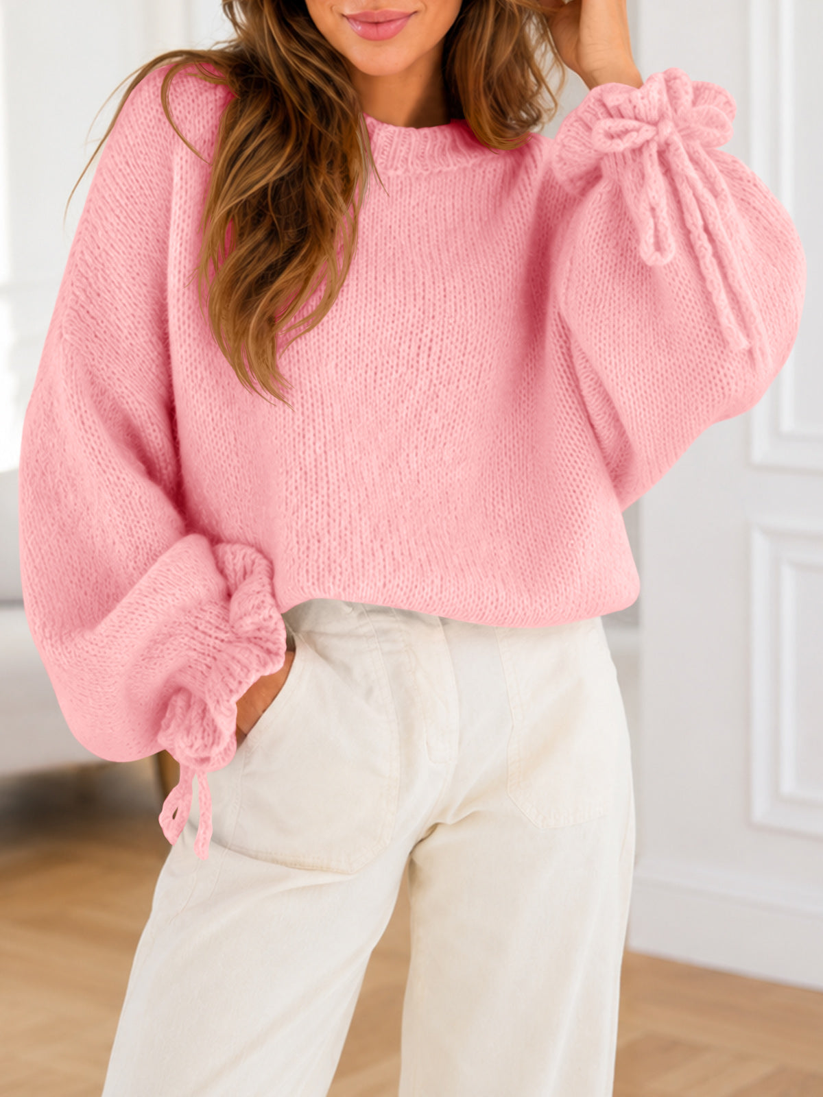 usvara Women Ruffle Long Sleeve Knit Sweater