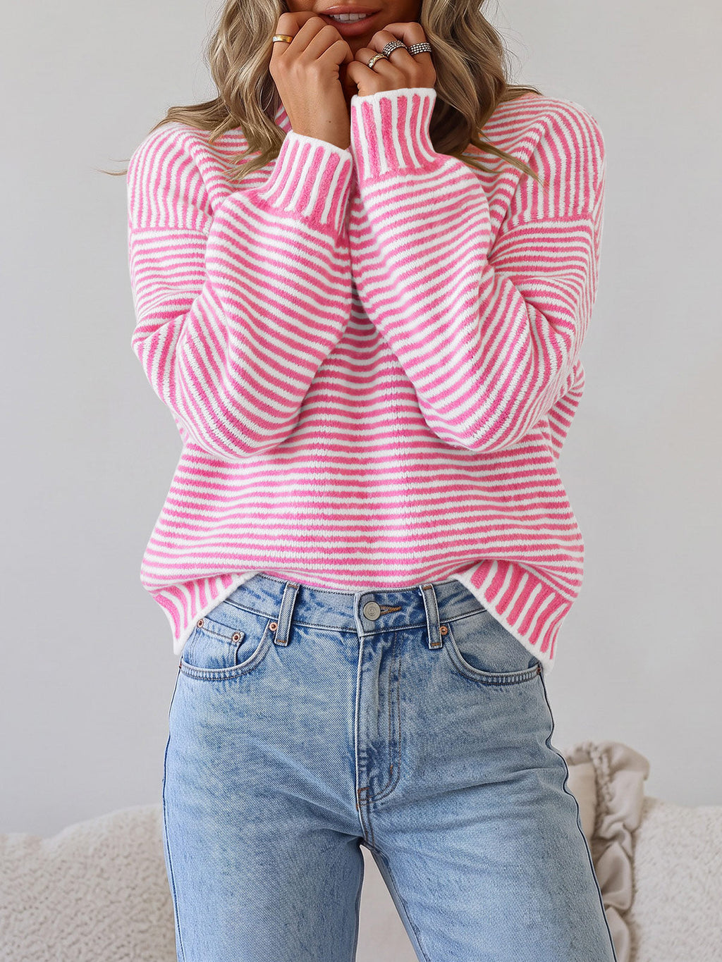 usvara Womens Striped Crew Neck Knit Sweater