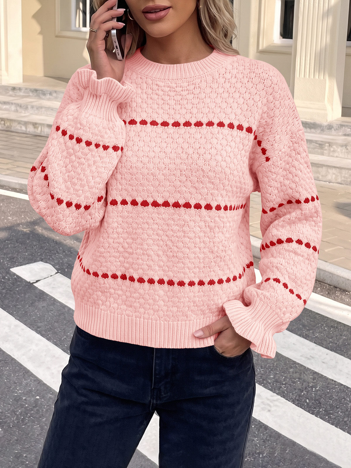 usvara Womens Heart Striped Ruffle Sweaters