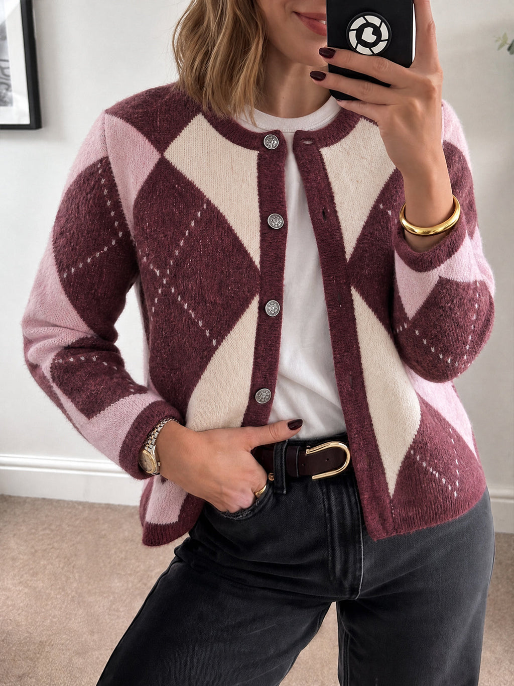 usvara Womens Argyle Crew Neck Knit Cardigan