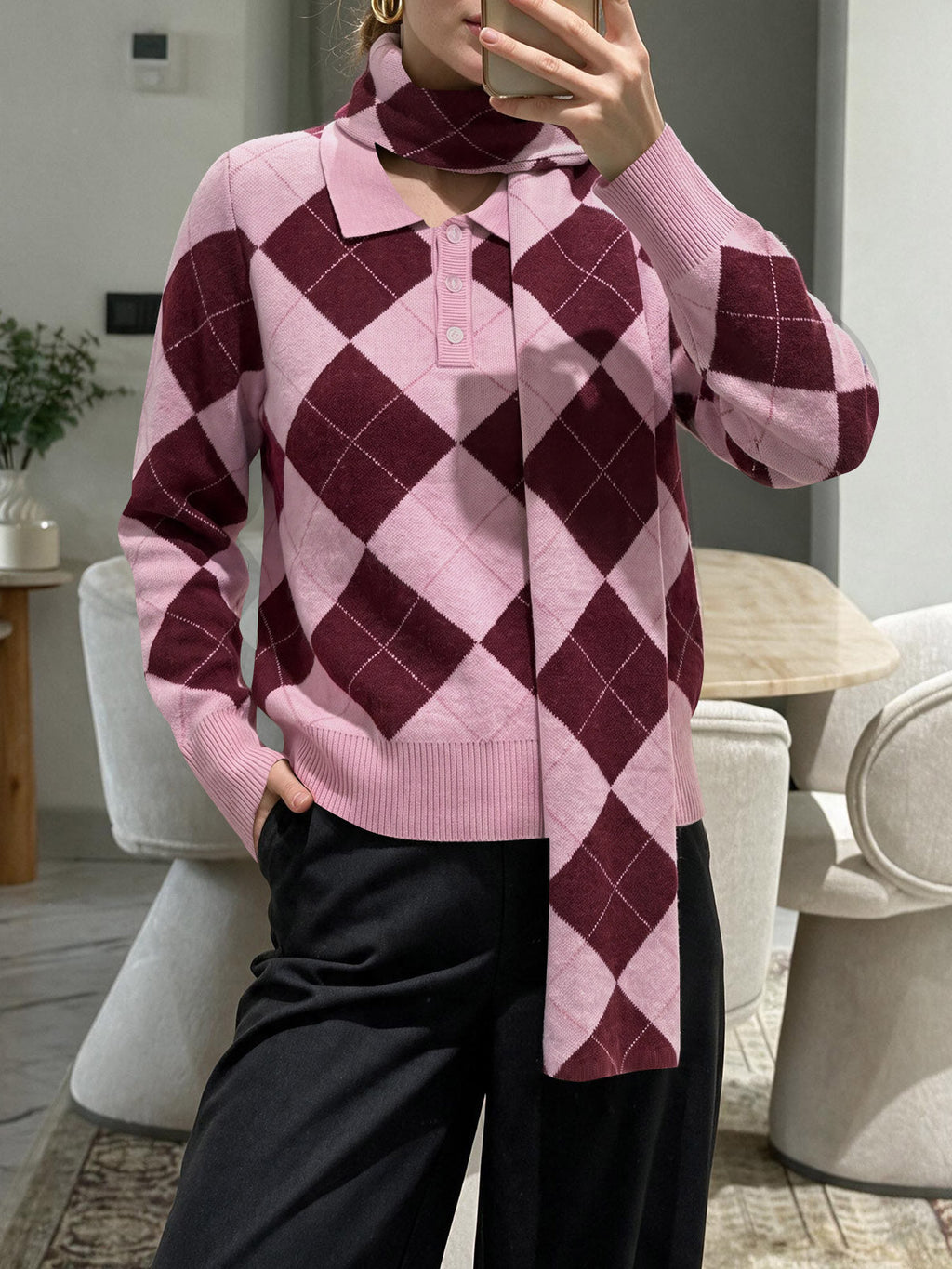 usvara Womens Argyle Color Block Polo Sweater