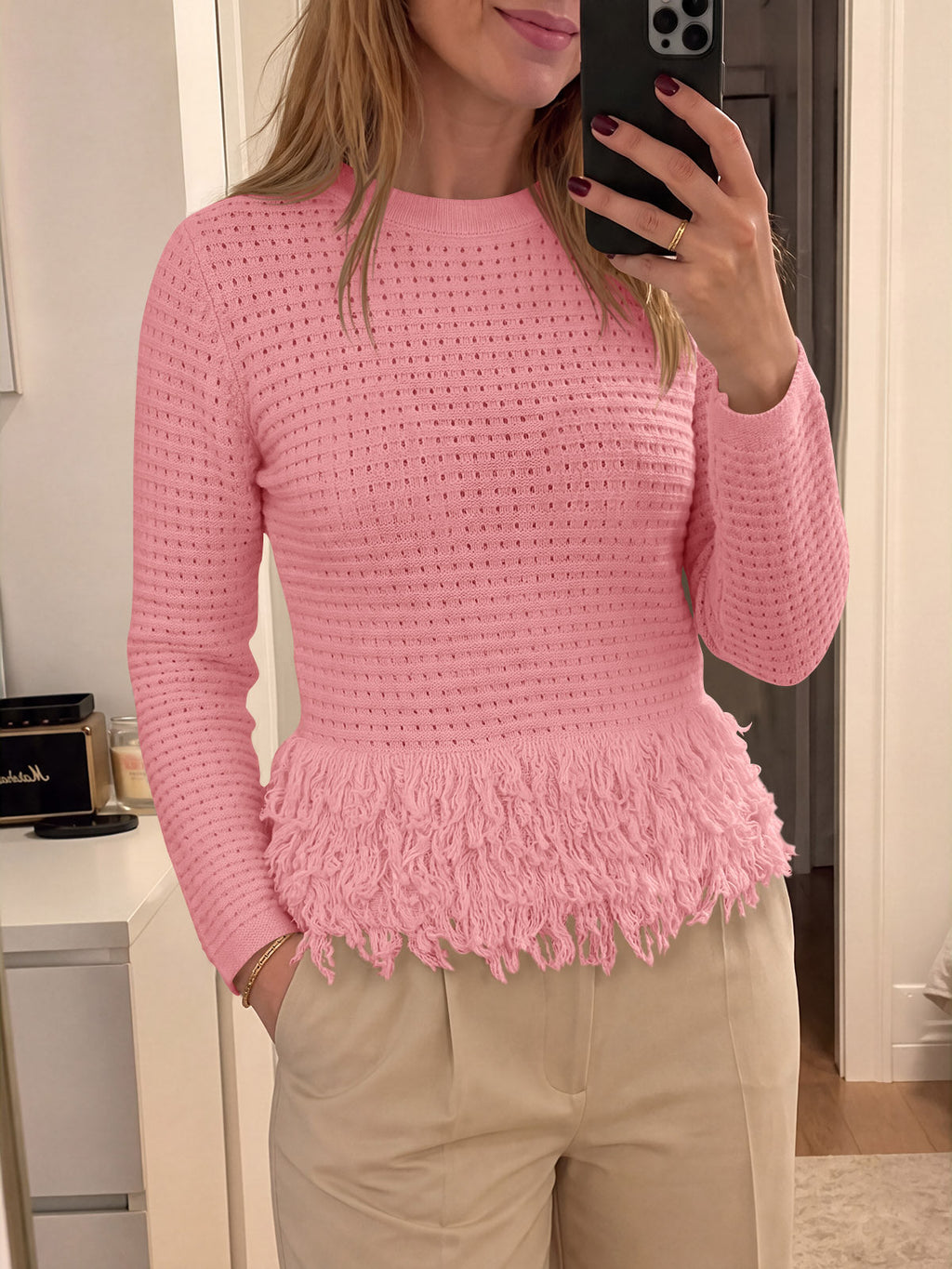 usvara Womens Crochet Fringe Crew Neck Sweater