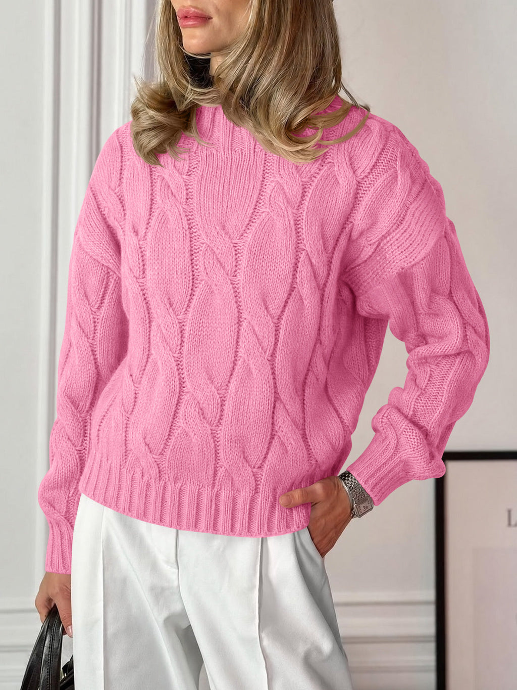 usvara Womens Mock Neck Cable Knit Sweater