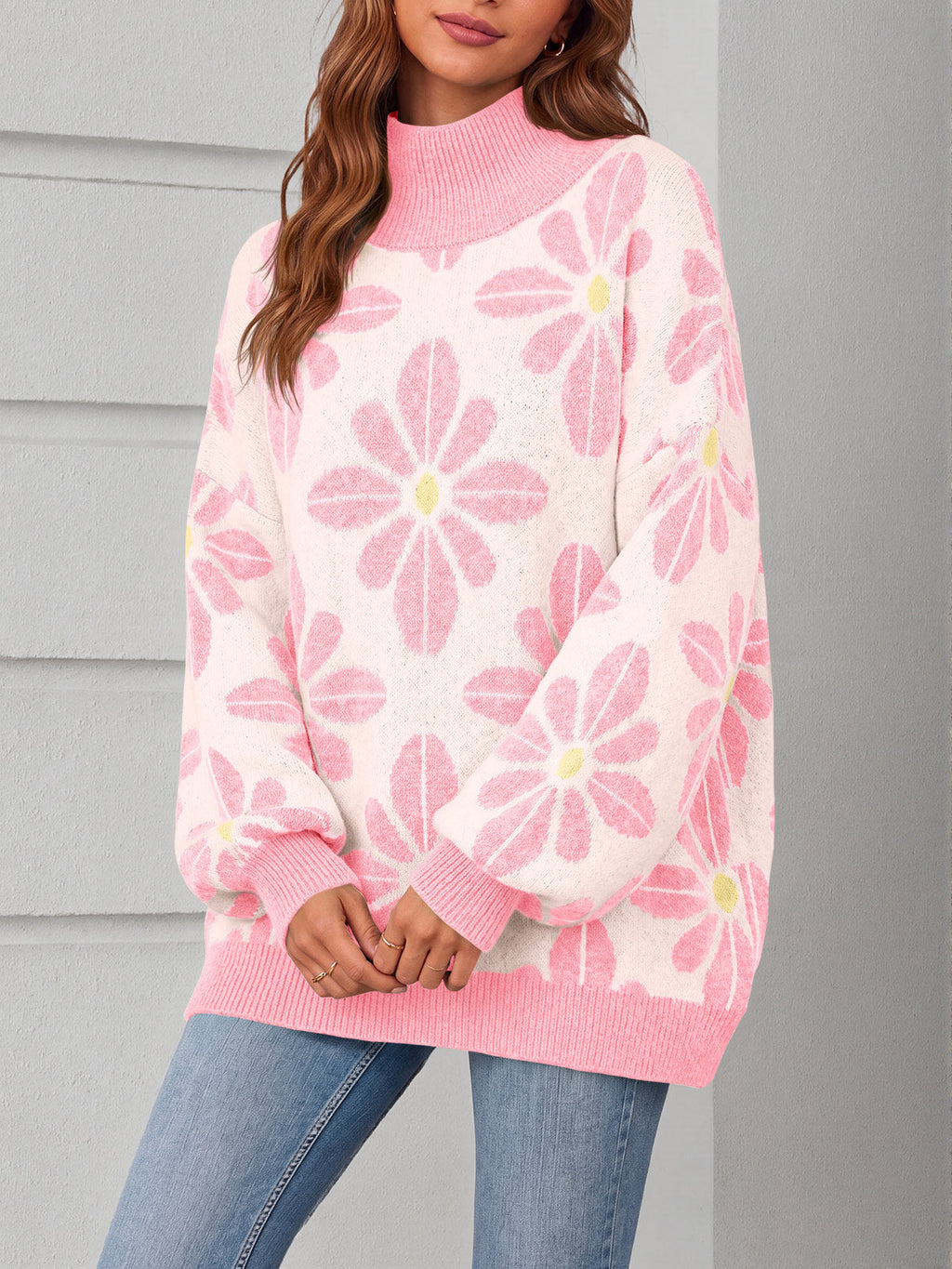 usvara Womens Floral Mock Neck Chunky Sweater