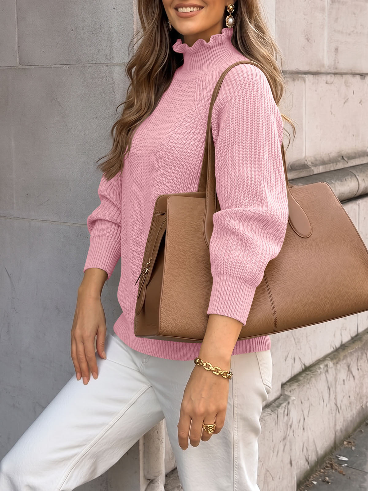 usvara Womens Ruffle Mock Neck Sweater