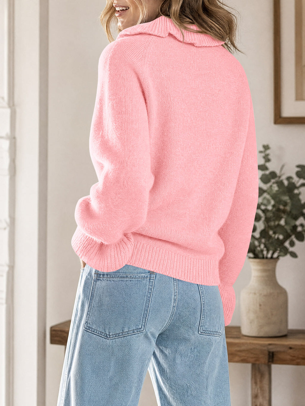 usvara Women Ruffle Collared Long Sleeve Sweater