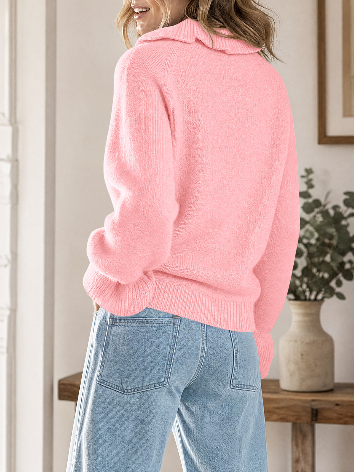usvara Women Ruffle Collared Long Sleeve Sweater