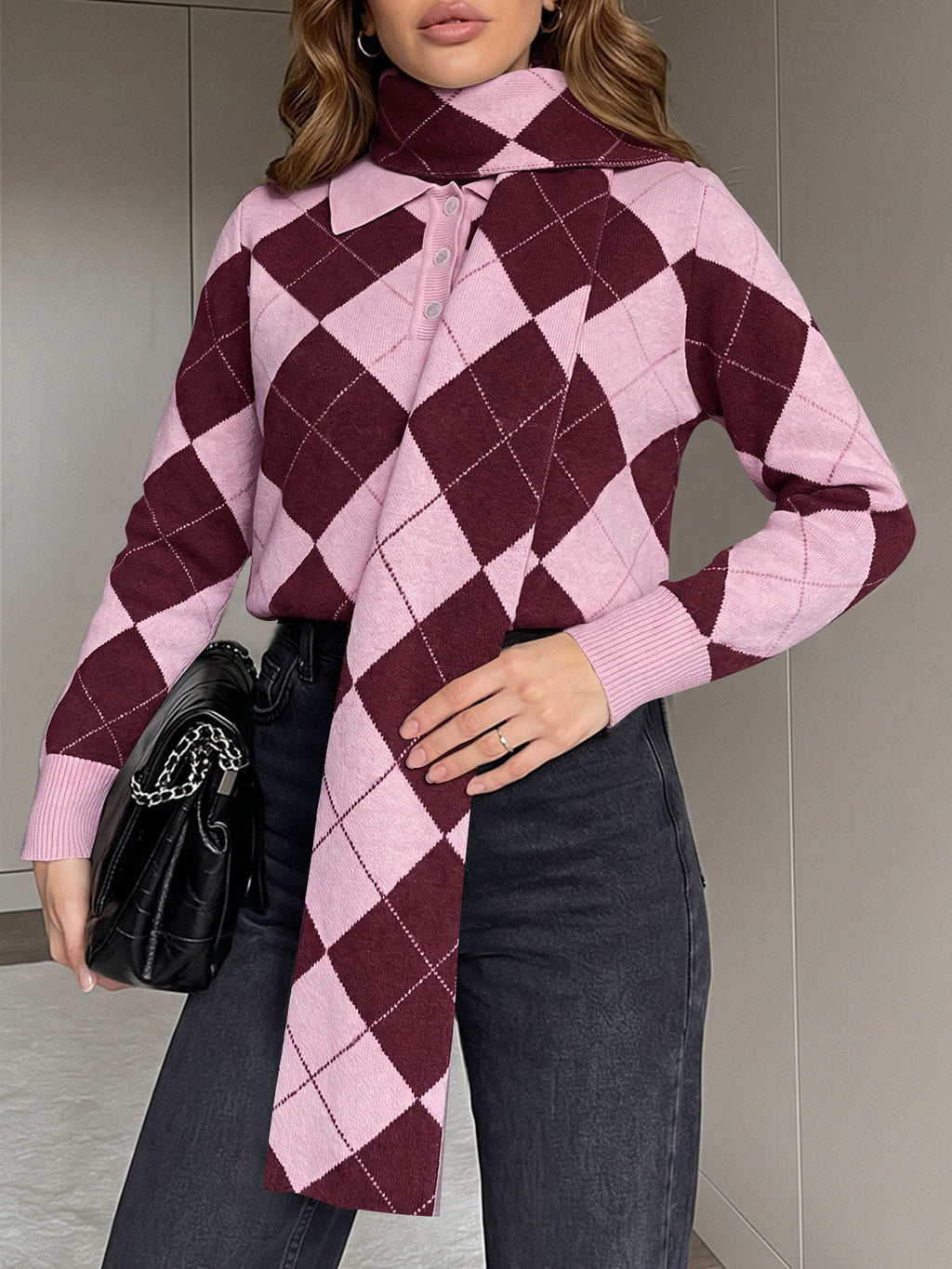 usvara Womens Argyle Color Block Polo Sweater