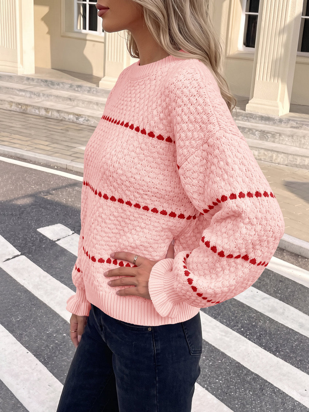 usvara Womens Heart Striped Ruffle Sweaters