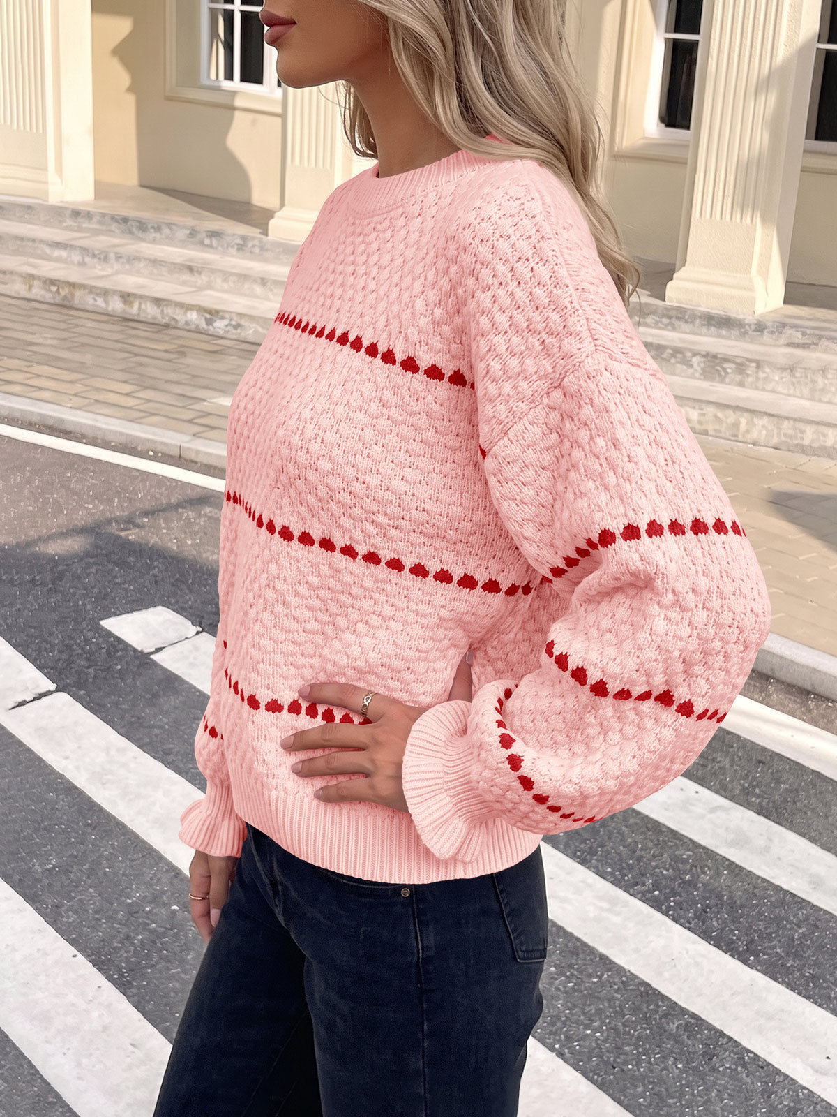 usvara Womens Heart Striped Ruffle Sweaters