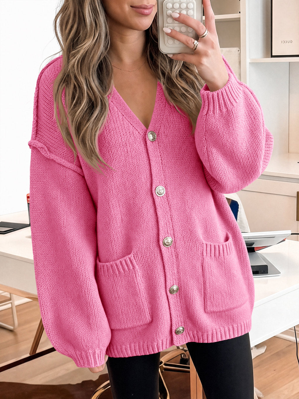 usvara Womens V Neck Loose Button Cardigan