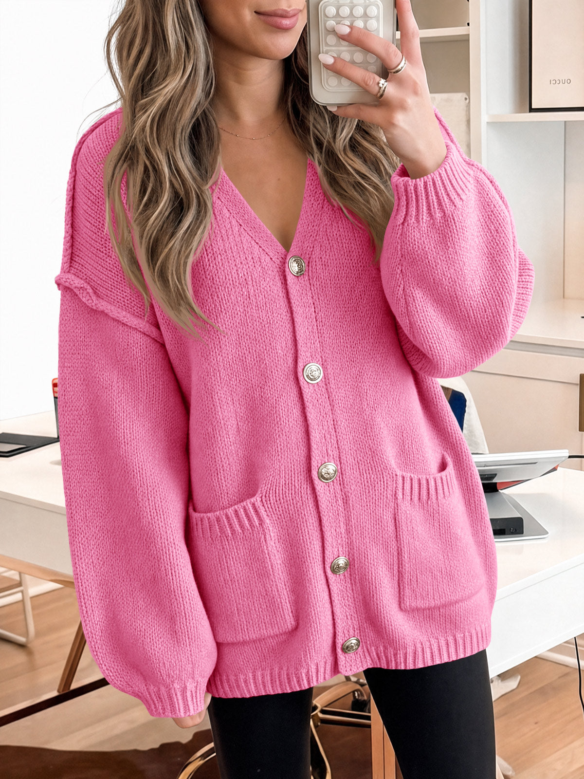 usvara Womens V Neck Loose Button Cardigan