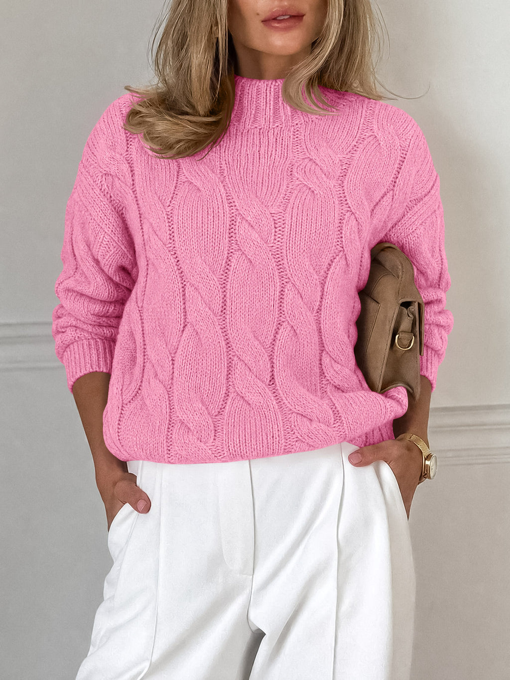 usvara Womens Mock Neck Cable Knit Sweater