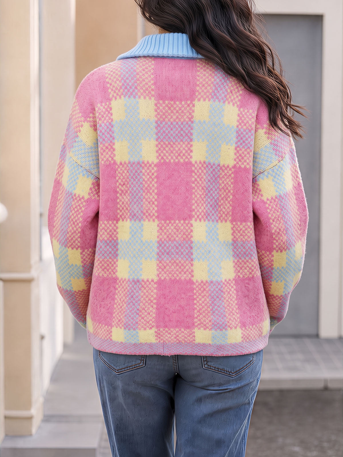 usvara Womens Plaid Color Block Zip Cardigan