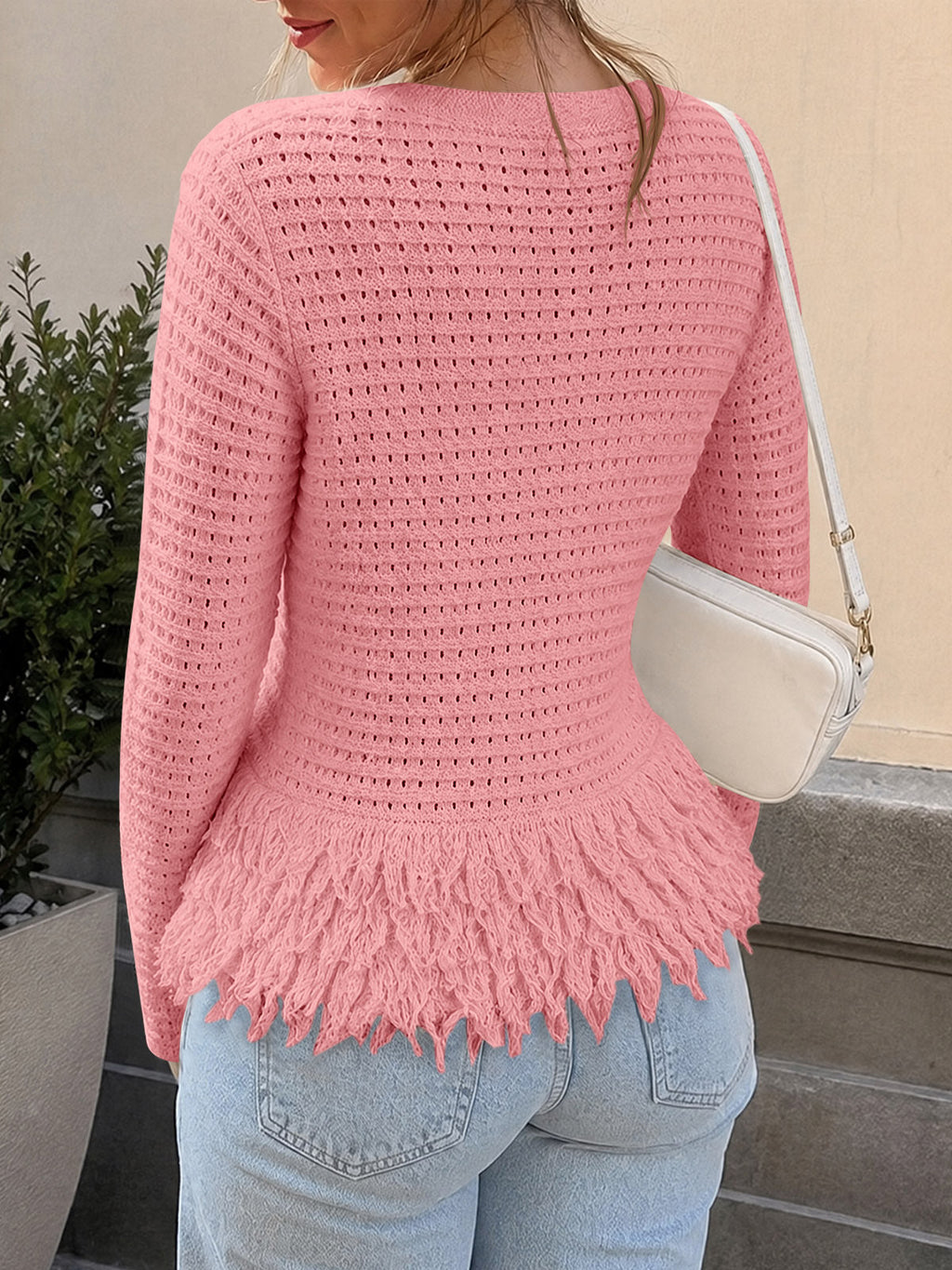 usvara Womens Crochet Fringe Crew Neck Sweater