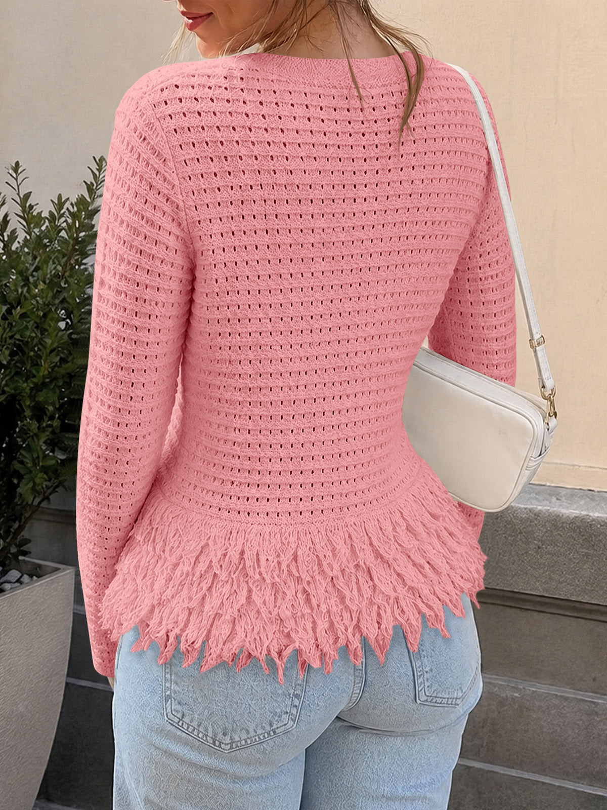 usvara Womens Crochet Fringe Crew Neck Sweater