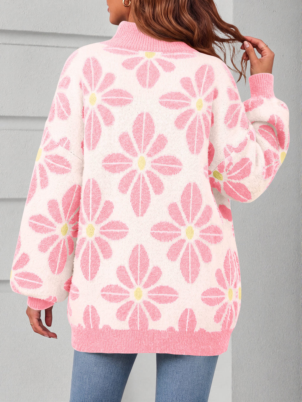 usvara Womens Floral Mock Neck Chunky Sweater
