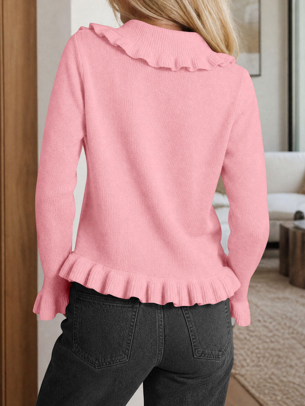 usvara Womens Ruffle Button Down Cardigan