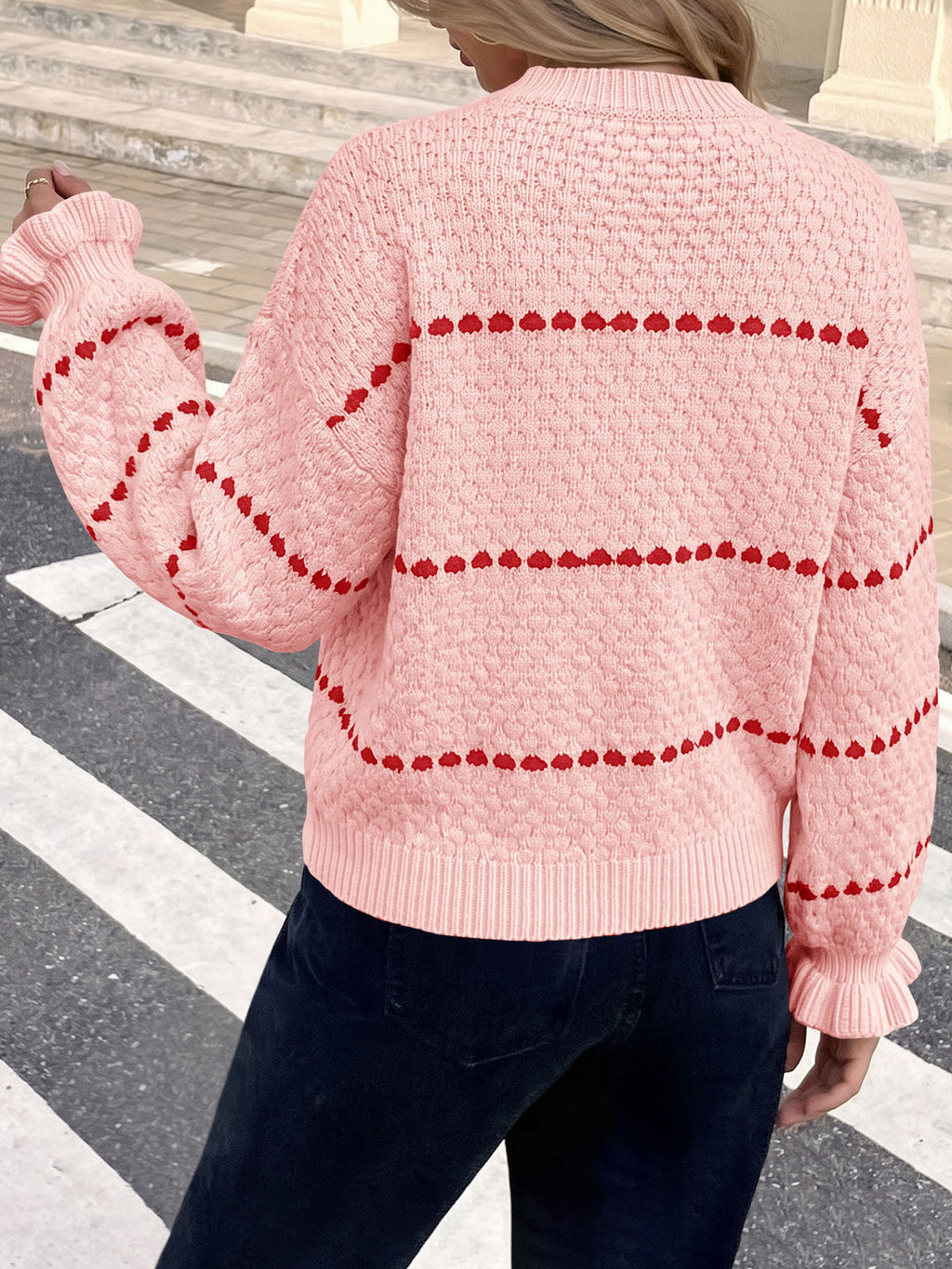 usvara Womens Heart Striped Ruffle Sweaters