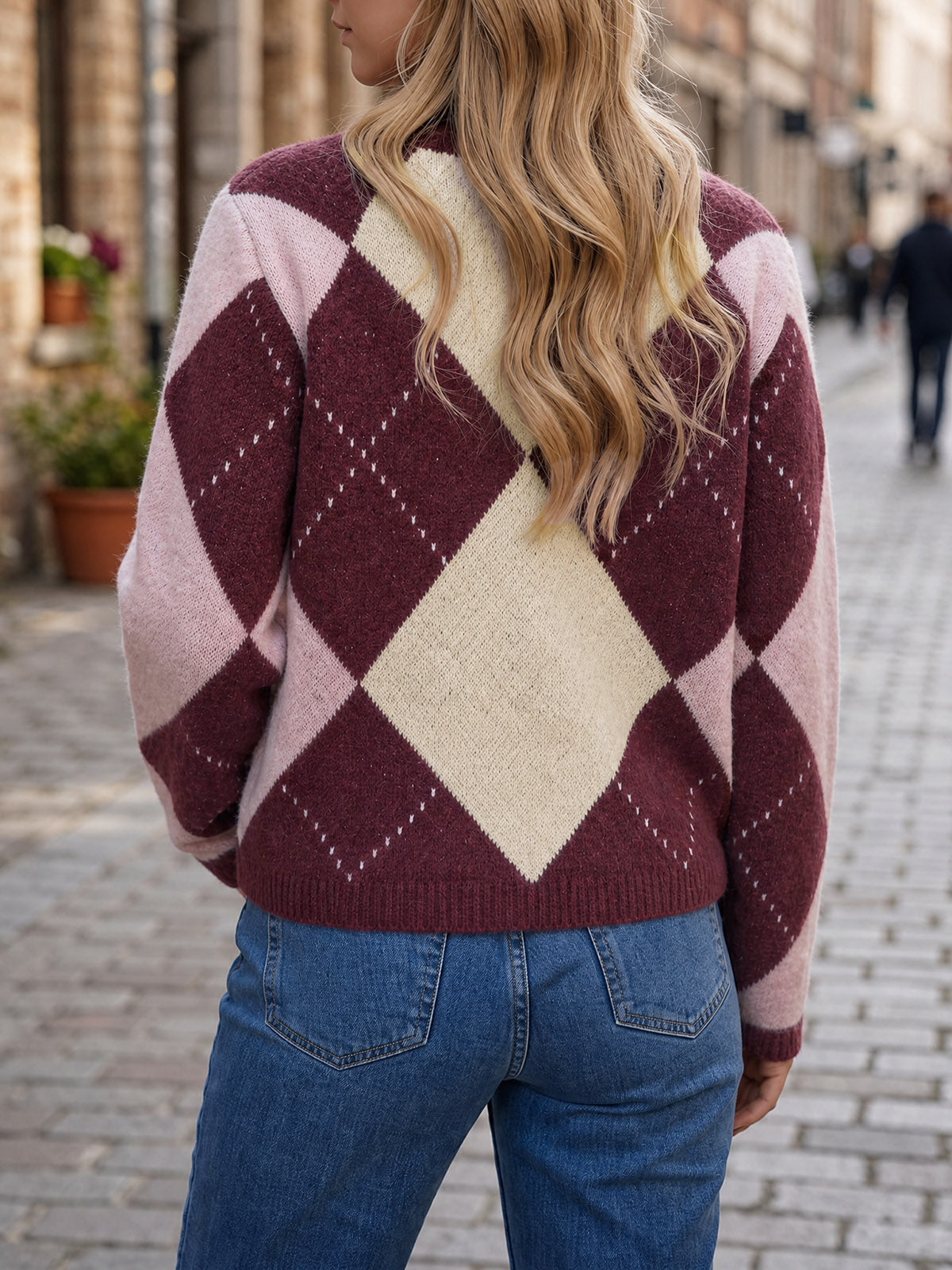 usvara Womens Argyle Crew Neck Knit Cardigan