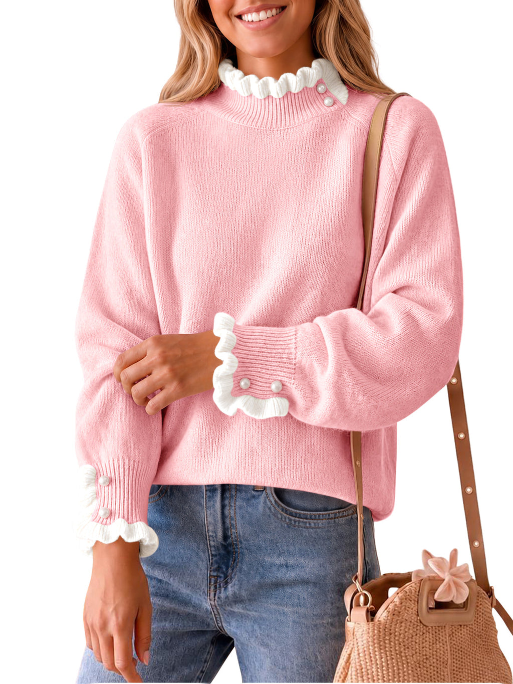 usvara Womens Mock Neck Ruffle Pearl Sweater